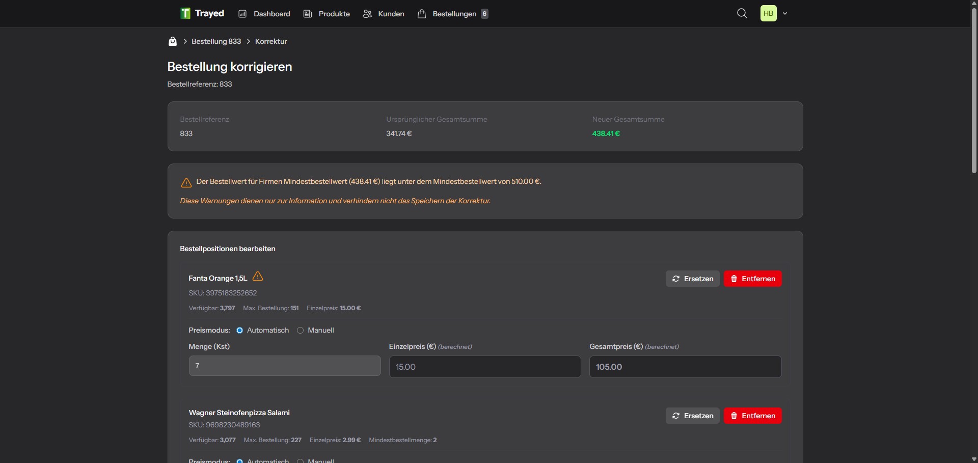 Screenshot: Bestellkorrektur