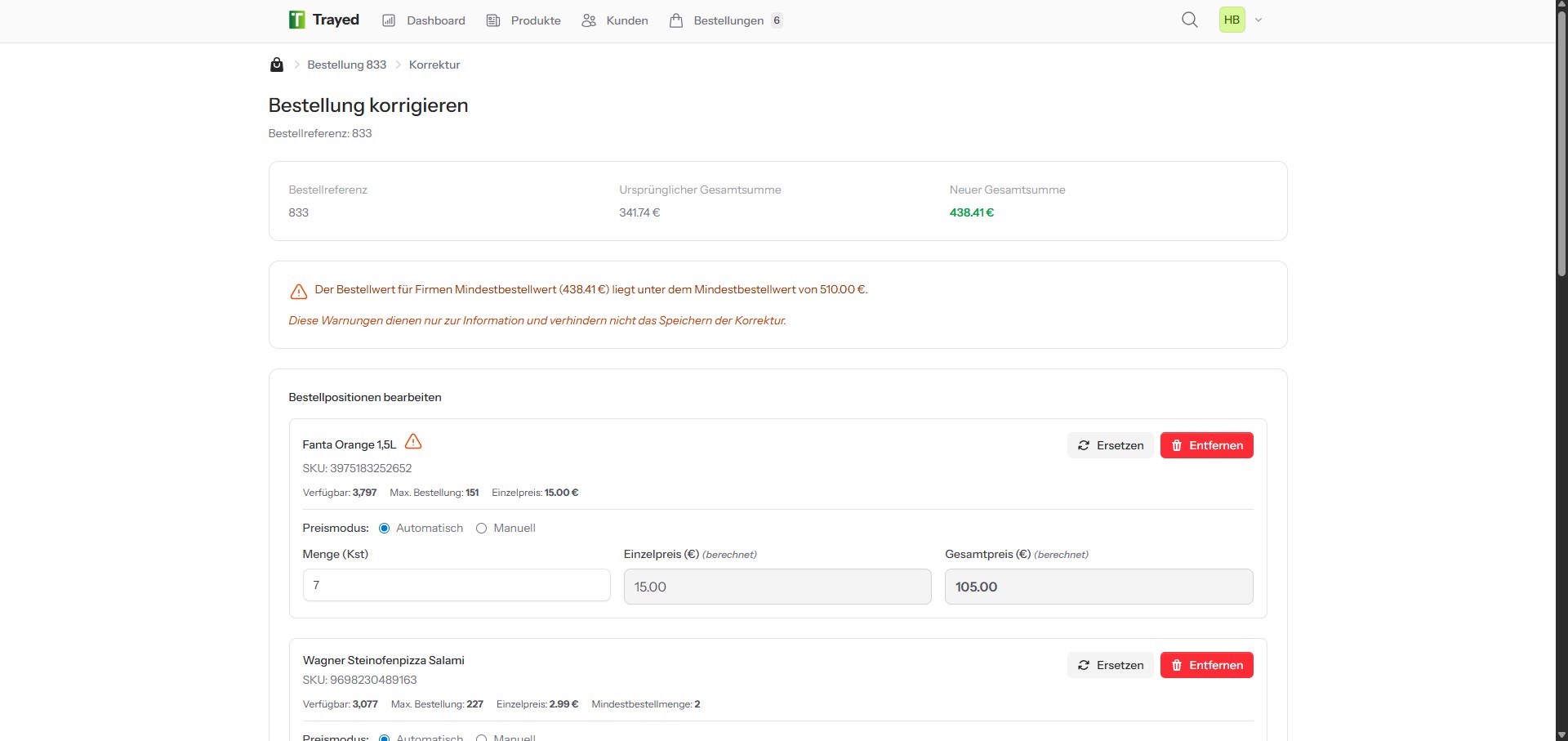 Screenshot: Bestellkorrektur