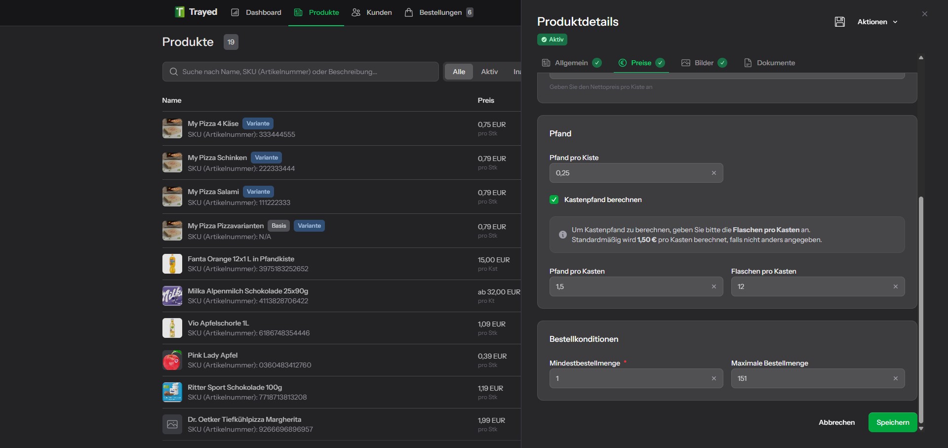 Screenshot: Pfand-Einstellungen