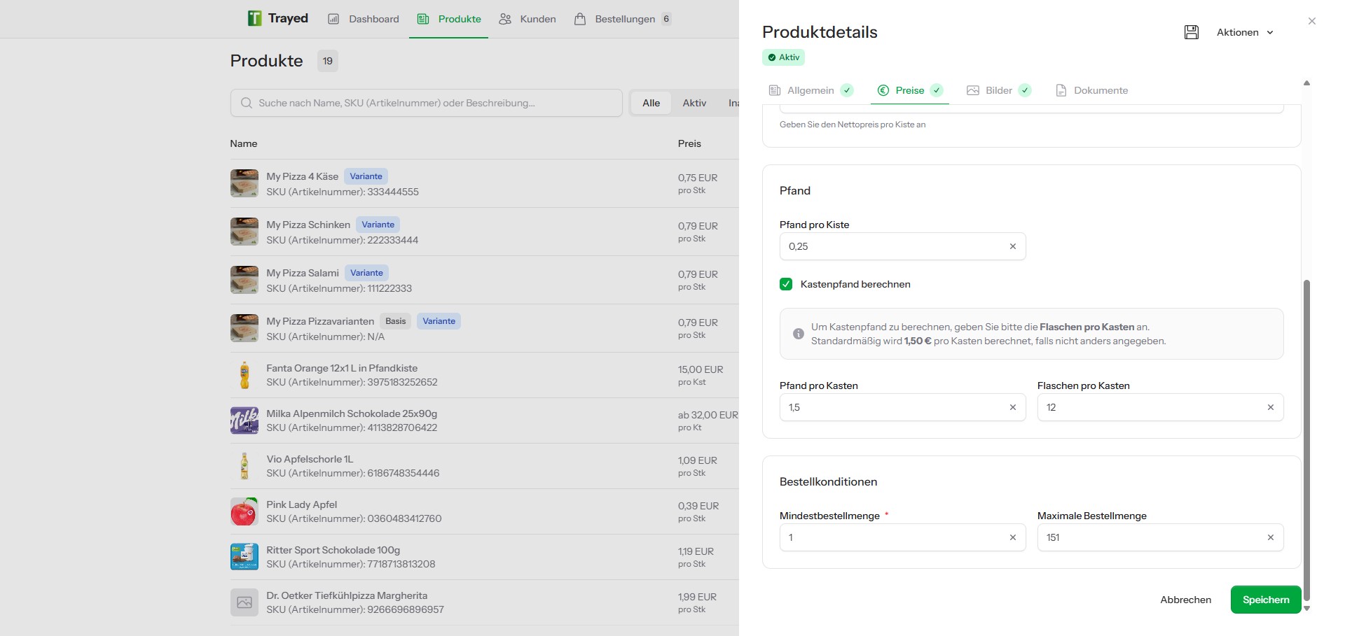 Screenshot: Pfand-Einstellungen