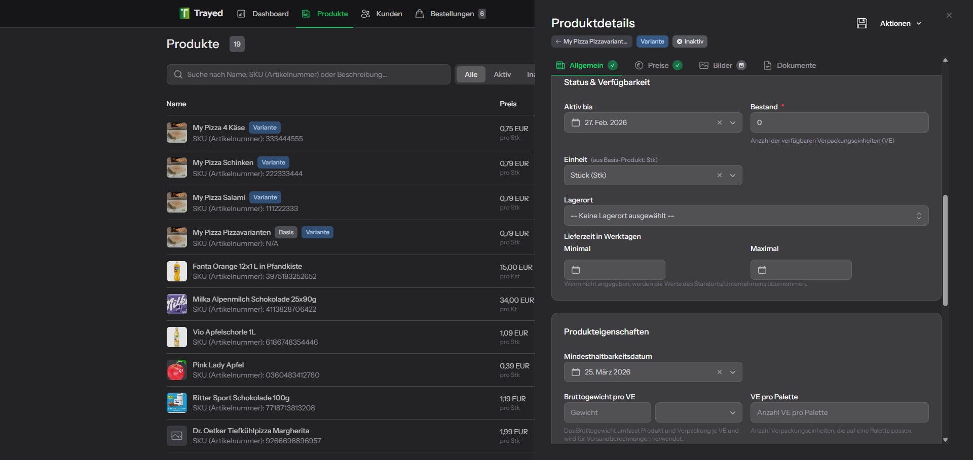 Screenshot: Produktstatus