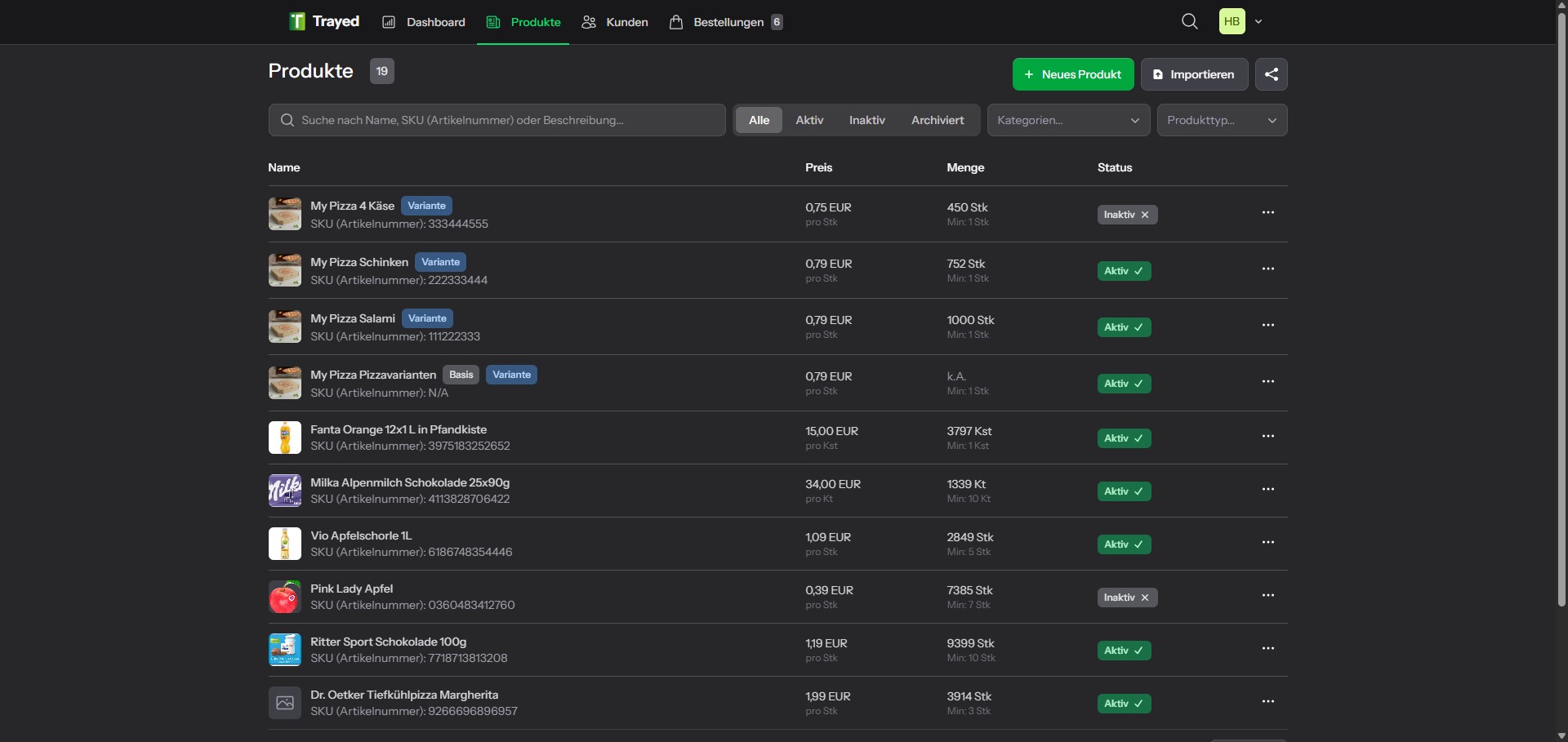 Screenshot: Produktverwaltung