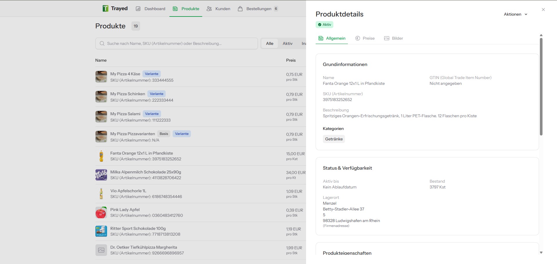 Screenshot: Produktverwaltung