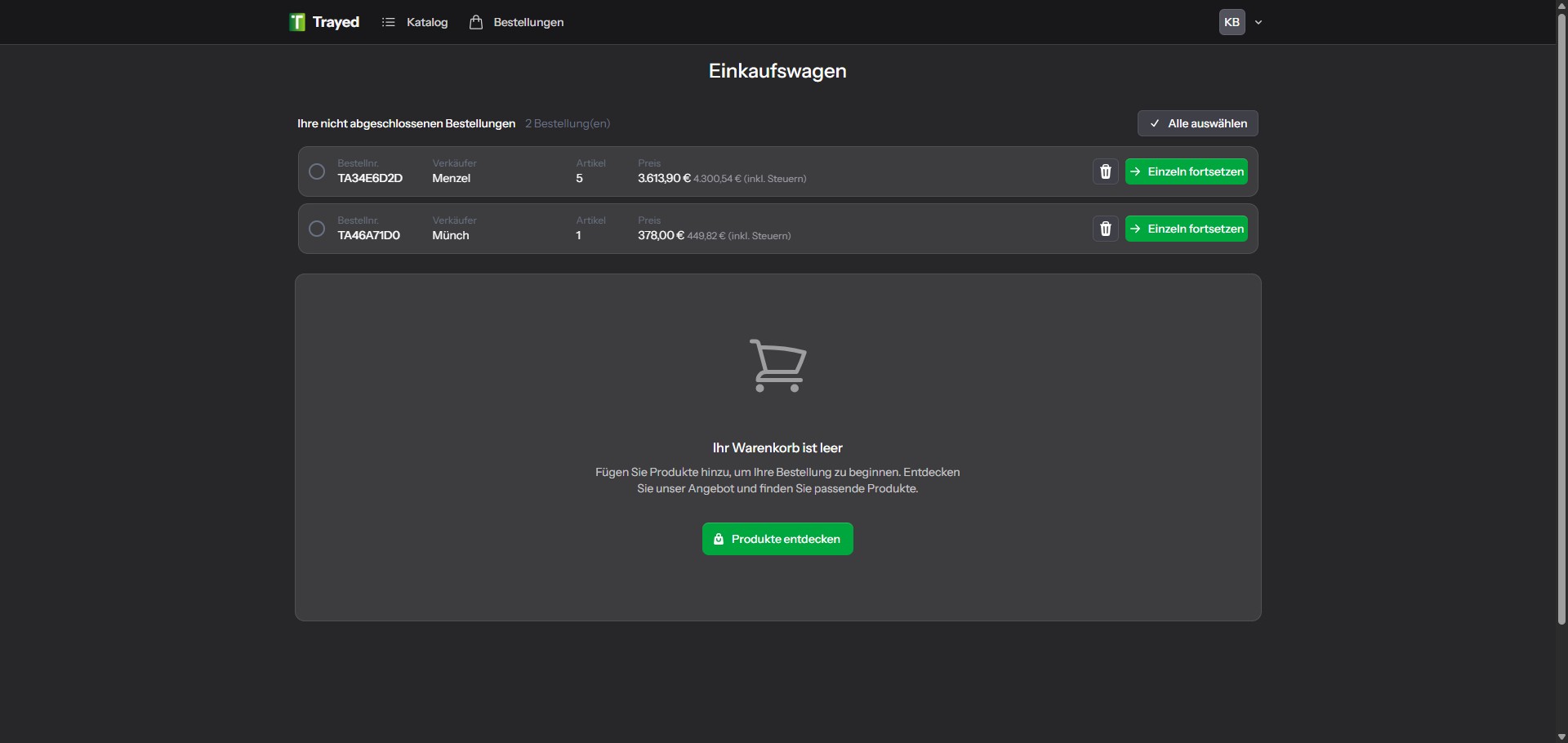 Screenshot: Team-Warenkorb