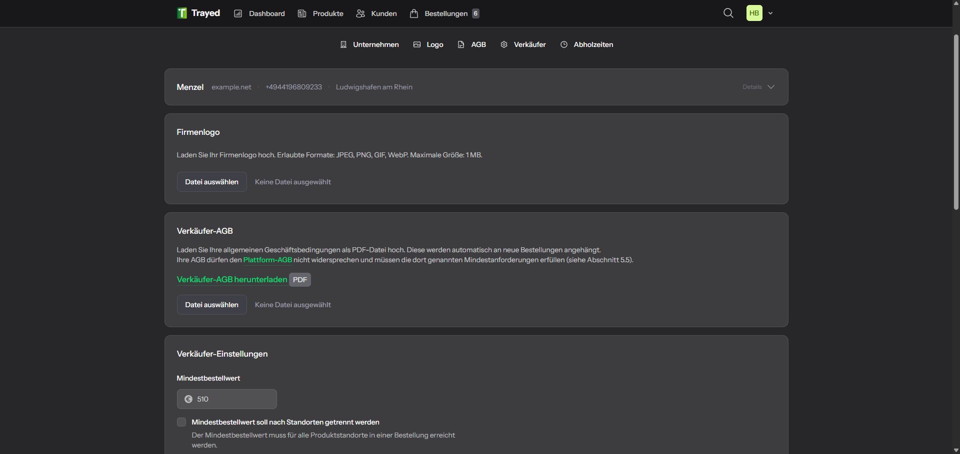 Screenshot: Verkäuferstammdaten