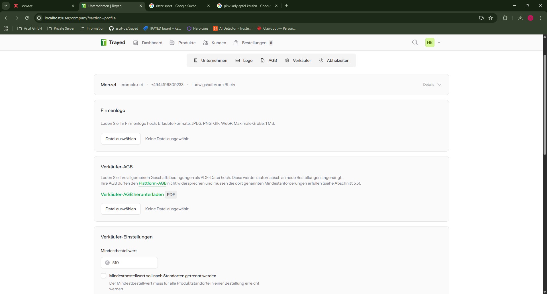 Screenshot: Verkäuferstammdaten